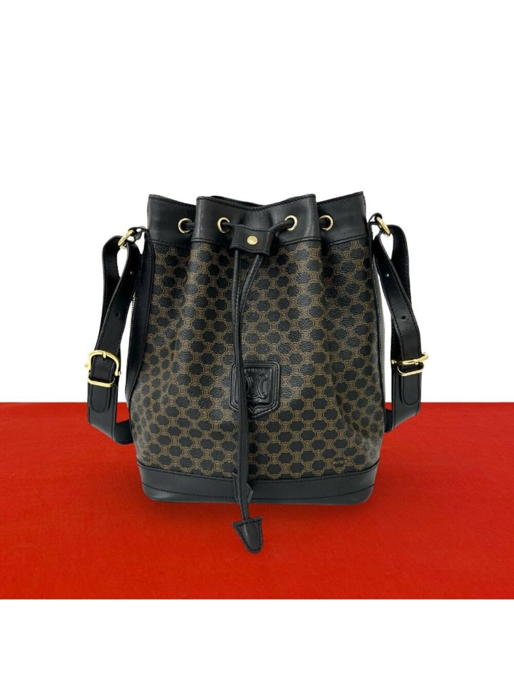 Celine Vintage Macadam Blason Pattern Leather Drawstring Shoulder Bag Pochette